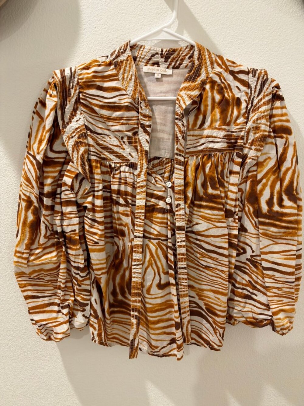 Love the Label Tie Neck Blouse, Size S, Brown Zebra Print